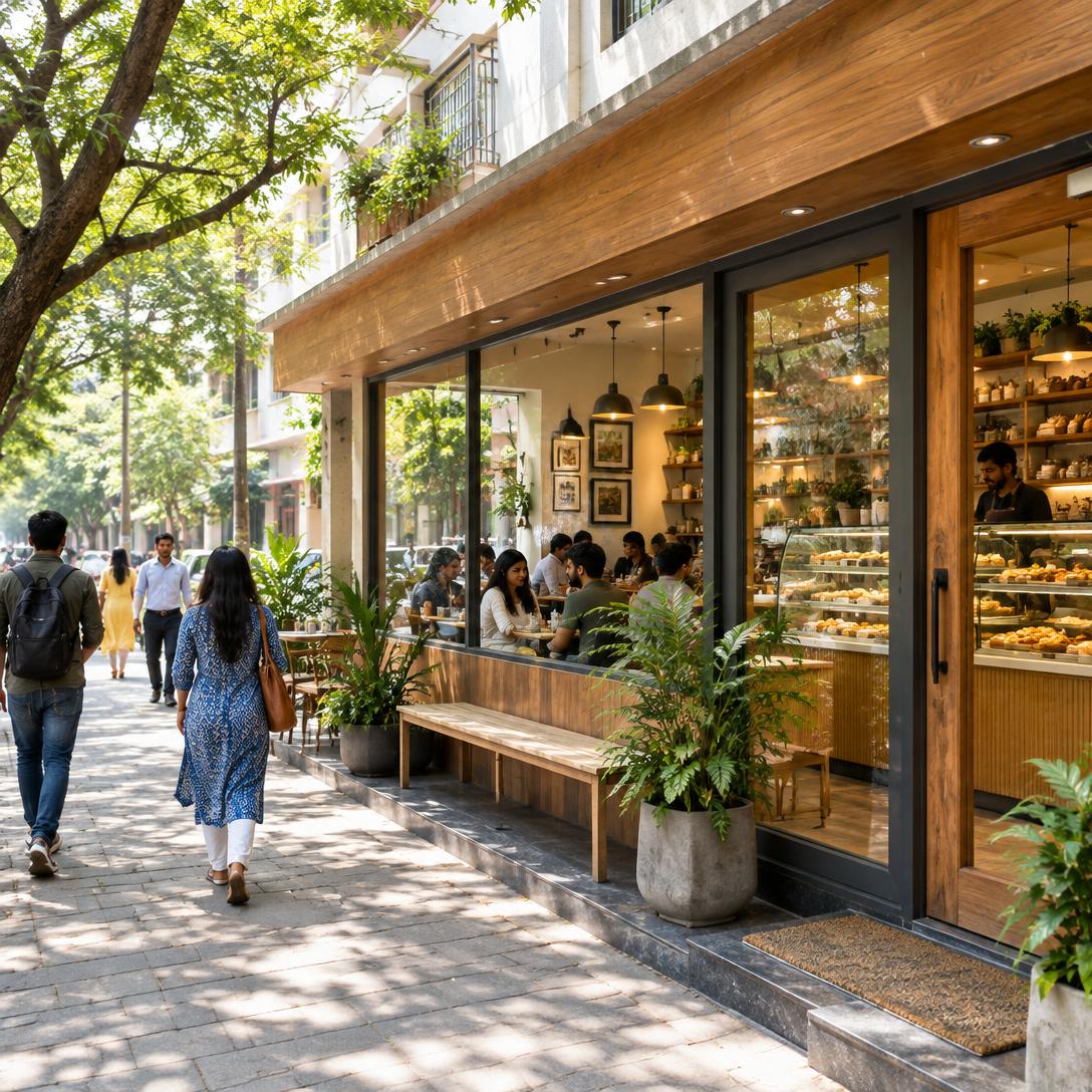 A welcoming bakery café on a leafy city street