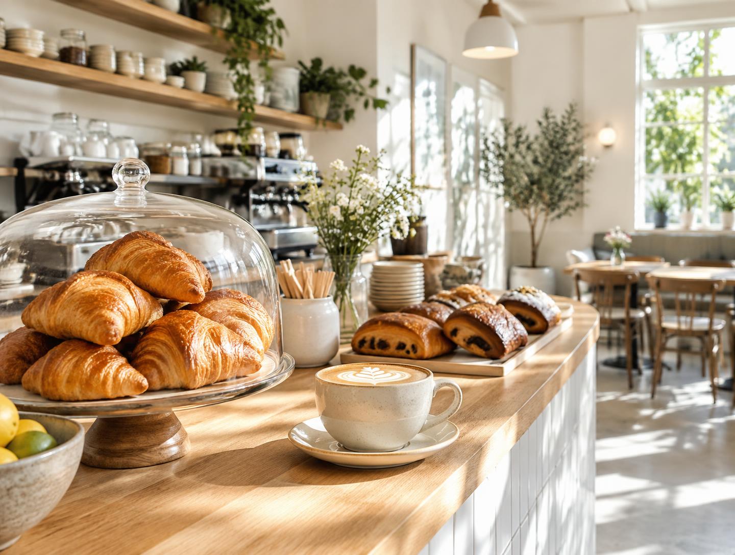 Croissants and coffee on a sunlit café counter